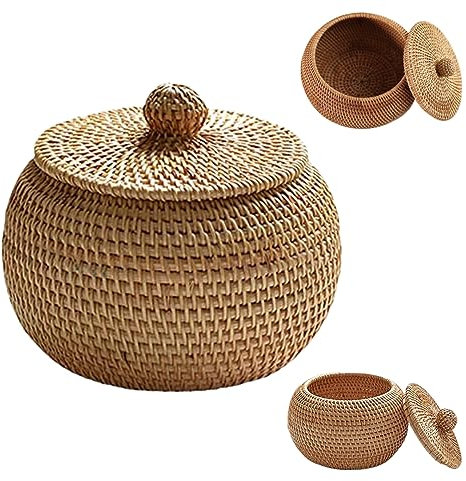 Hemore Caja de ratán redonda de 5.9 pulgadas con tapa, Canasta de ratán decorativa tejida, Cesta de almacenamiento de mimbre para la cocina de la granja doméstica