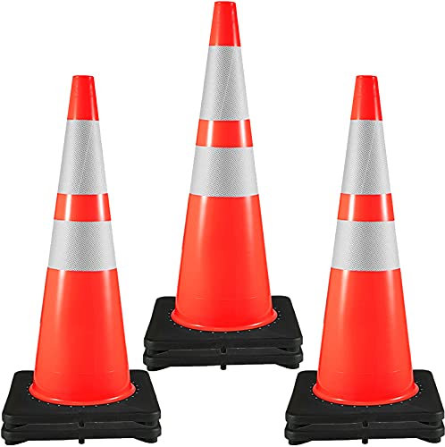 VEVOR Cône Signalisation Réfléchissant 6 Pièces 92 cm, Plot de Chantier avec Base Lestée Noire, Cône de Sécurité en PVC Orange, pour Délimitation Stationnement d’Urgence en Route Parking Chantier