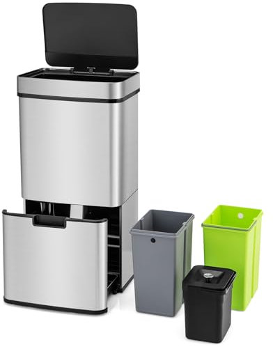 LIFEZEAL 72L Pattumiera 4 Scomparti, Raccolta Differenziata, Apertura Automatica, Sensore a Infrarossi, Acciaio Inossidabile, Bidoni Differenziata Interno, Cestino Spazzatura, Secchio Rifiuti, Cucina