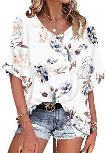 WNEEDU Tee Shirt Oversize Femme Col V été Haut Femme Manches Courtes Chemisier Top été Décontractée Léger et Aéré Grande Taille Fleur Blanche XL