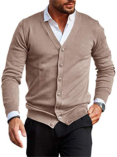 Runcati Giacca da uomo a maniche lunghe, senza colletto, con scollo a V, cardigan in maglia, camicia, leggera, giacca per la transizione, Kaki, XXL
