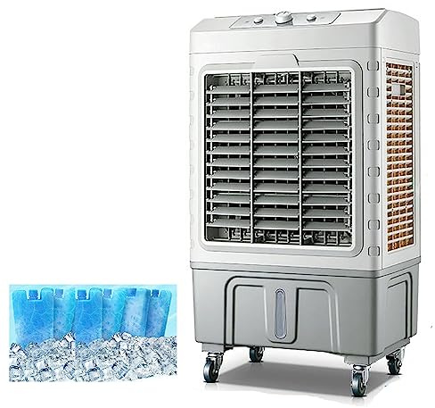 Evaporative Air Cooler 43 with 50L/60L Water Tank, 6 Ice Packs & 3 Wind Speeds - Industrial Strength Swamp Cooler for Commercial Use with 4 Universal Wheel