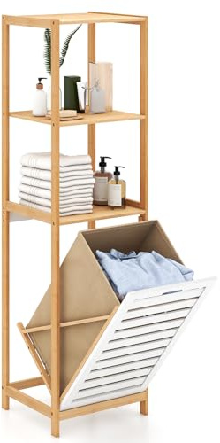 LIFEZEAL Badschrank Bambus 130cm, Wäscheregal mit 3 Ebenen, Badezimmerregal mit neigbarem Wäschekorb, Wäschesammler mit herausnehmbarem Futter, für Badezimmer Wäscheraum