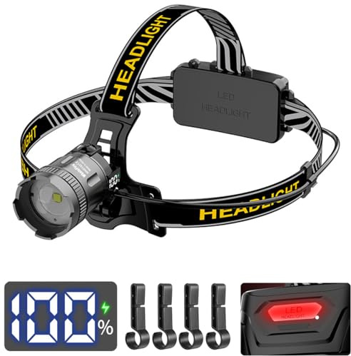 WholeFire Lampada da Testa LED Ricaricabile, Super Luminosa 30000 Lumen, 3 Modalità di Illuminazione, Lampada da Tasca con Display, Impermeabile IP65, Testa Regolabile a 90°, Lampada da Testa per