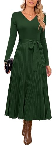 Arach&Cloz Jumper Dress for Women UK Long Sleeve Midi Knitted Pleated Dresses Fall Winter V Neck Christmas Sweater Dress Dark Green