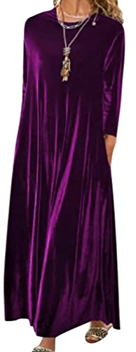 Minetom Femme Automne Hiver Longue Robe Velours Elegant Soirée | Couleur Unie, Col Rond, Manches Longues, Lâche, Fête, Cocktail, Maxi Robes