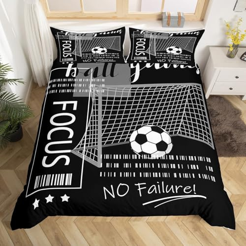 Homewish Football Duvet Cover Double,Black and White Soccer Bedding Set for Kids Boys Girls Room Decor,Sports Themed Duvet Cover Ball Games Bed Set 3Pcs (No Comforter)