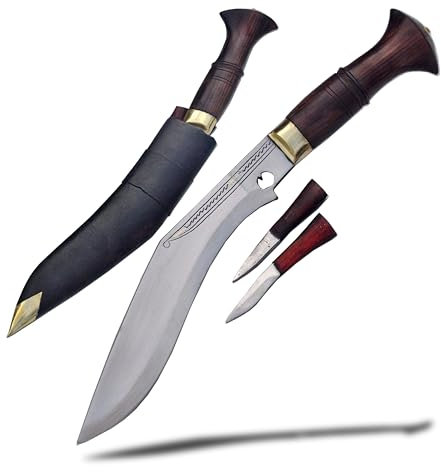 Traditionelles Village Kukri-Messer, 25,4 cm lange Klinge, handgeschmiedete Karbonstahlklinge, Griff aus Palisander, wassergehärtete Kante, Lederscheide im Lieferumfang enthalten, hergestellt in