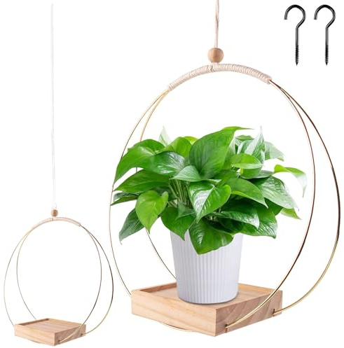 FUFRE Blumenampel Hängend Innen, Makramee Blumenampel Metallring mit Holzsockel, Hängetopf für Pflanzen, Hängender Blumentopf Hängend, Hängeampel Blumen, Hängepflanzen Topf mit Aufhängehaken (B)