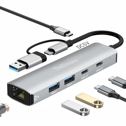 Dalimee USB Hub 3.2, 6 en 2 USB-C Hub con 2*USB3.2, USB-C3.2, Gigabit Ethernet y Fuente de Alimentación USBC, Estación de Acoplamiento para MacBook, iPad, iPhone y Más Dispositivos Tipo-a y Tipo-c