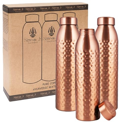 NORMAN JR Kupfer-Wasserflasche 1L – Geschenkbox mit 3 Stück, Gehämmert, EIN ayurvedisches Gefäß aus reinem Kupfer – hilft Ihnen, mehr Wasser zu Trinken, mit vielen gesundheitlichen Vorteilen