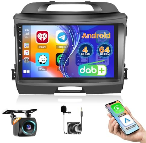 Roinvou Dab/Dab+ 4+64G Radio Coche para Kia sportage 2010-2016 con Inalámbrico Carplay/Android Auto, 9 Pulgadas IPS Pantalla Táctil con WiFi GPS Bluetooth Mirror Link HiFi FM RDS SWC Cámara Trasera