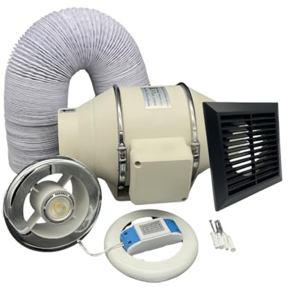AirTech-UK FlowMax Turbo Inline Bathroom Extractor Fan Kit with Light and Timer - 4 inches 100mm Duct Opening - High Power – Silent Extractor Fan For Bathroom – 1 Speed - Black External Vent