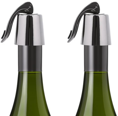 QWORK® 2 Pack Stainless Steel Wine Bottle Stopper, Reusable Wine Saver with Silicone Seal - Decorative Metal Black Bottle Sealer
