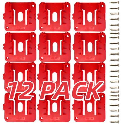 12 Pack Battery Holder Hanger ,Compatible with Milwaukee 18V Battery | Compatible with Milwaukee 18V Battery Wall Mount Holder Rack Tool Holder Dock Organizer,Red (24 Screws, No Battery)