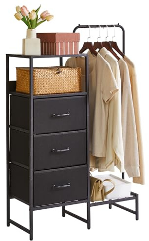 Aibiju Chest of Drawers with Shelves and Hanging Rod, 3 Drawers Small Coat Hanger, Reversible Clothes Rack for Hallway Entryway Bedroom Living Room, Black YD-TM081B