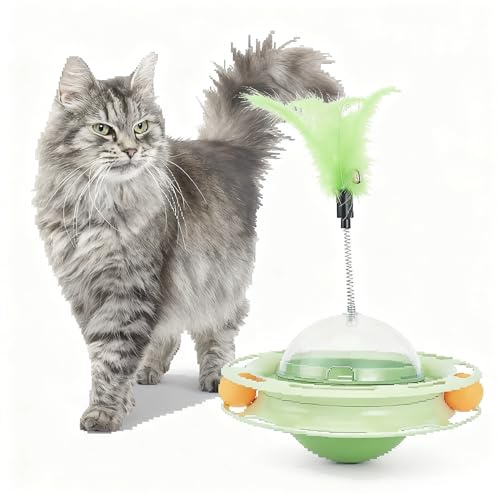 Iptienda Katzenspielzeug,4-in-1 Intelligenzspielzeug für Katze mit Federn& Ballübungs,Katzen Beschäftigung Fummelbrett für Katzen Fütterungstraining und Selbstbeschäftigung Leckereienspender
