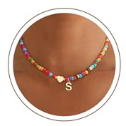 SLOONG Bunte Perlenkette Damen, Geschenk Mädchen 5 6 7 8 9 10 11 Jahre | Gold Kette mit Buchstaben Wasserfester Halskette Damen Gold Schmuk Goldkette Geburtstagsgeschenk für Frauen Mädchen Kinder