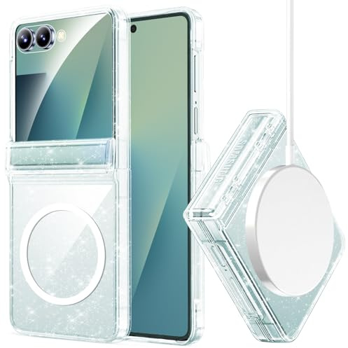 Miimall Funda Transparente para Samsung Galaxy Z Flip 7 con Purpurina, Bonita Funda Flip 7 con Imán y Bisagra, Slim Case Flip7 Glitter, PC Dura Antigolpes Fina Brillante Carcasa Magnética para Flip7
