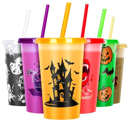 Lot de 6 gobelets réutilisables en plastique avec couvercles et pailles à changement de couleur pour Halloween avec couvercles et pailles pour fête d'Halloween (355 ml)