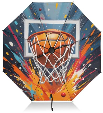 ALAZA Folding Umbrella Basketball Hoop Ball Compact Travel Umbrella Automatic Open Close, Inverted Umbrellas for Rain Windproof UV Protection Sun Umbrellas