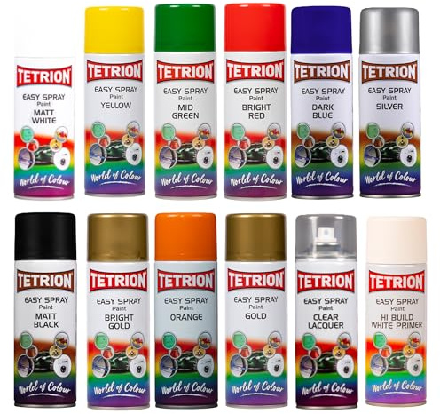 Tetrion Easy Spray Paint 400ml, 12 pack Matt White, Yellow, Dark Blue, Bright Red, Mid Green, Black, Gold, Orange, Silver, Clear, Hi-Build White Primer – Acrylic, quick-dry, multi-surface.