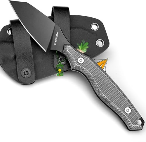 SPITZKANTE Small Fixed Blade Knife X-YZ, Full Tang Outdoor Knife with Micarta Handle & Horizontal Carry Sheath, Compact EDC Knives for Camping, Hiking & Gifts for Men