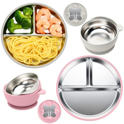comeder Set per l'alimentazione del bambino in acciaio inox, lavabili in lavastoviglie, piatti divisi per lo svezzamento a LED, per bambini da 6 a 12 mesi (set 1)