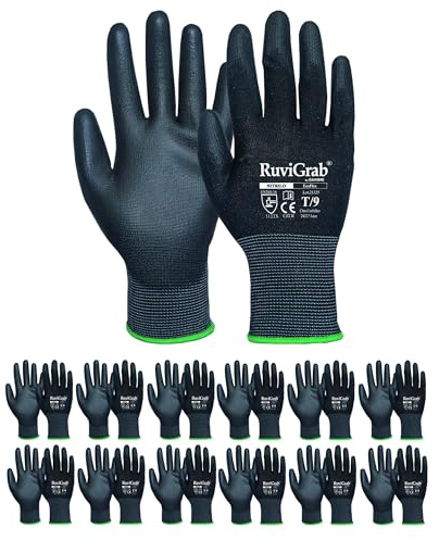 RUVIGRAB – Pack de 12. Guante de Trabajo de Poliuretano ideal para jardinería, industria, construcción, agricultura o uso general. Guante transpirable para hombre y mujer