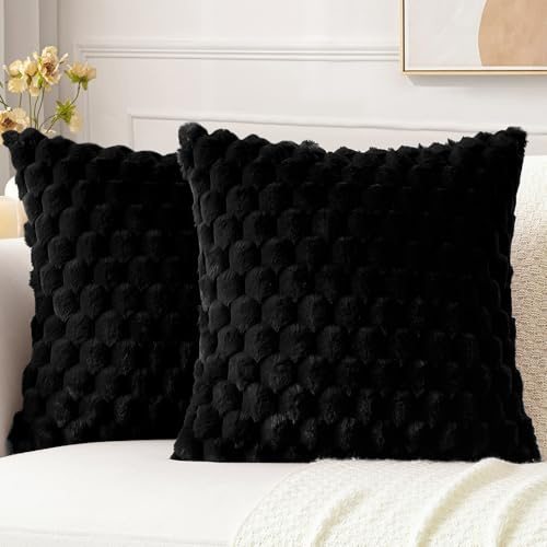 Sungeek 2er Set Kunstpelz Plüsch Kissenbezüge, Kunstpelz Samt Weich Kissenbezug Sofakissen Dekokissen Deko Zierkissenbezüge Flauschig Kissenhülle für Schlafzimmer Wohnzimmer (50x50cm, Schwarz)