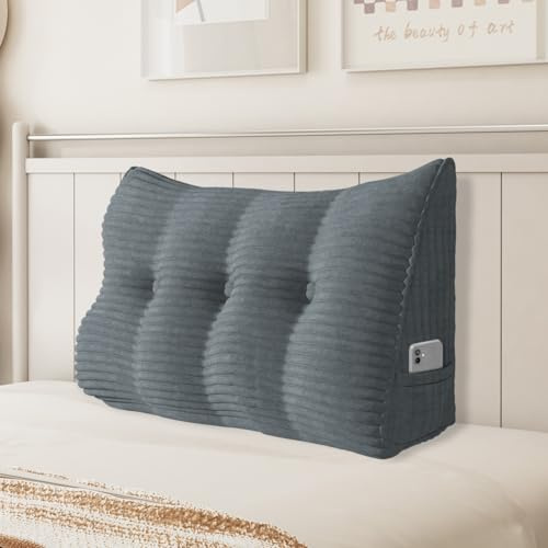 BNCKTRD Keilkissen Sofa Dicklich Rückenkissen Lesekissen für Bett und Couch, Rückenlehne Kopfende, Dreieckiges Sofakissen Bücherkissen, Wandkissen für Bett Herbst Winter, Kordsamt Grau 100cm
