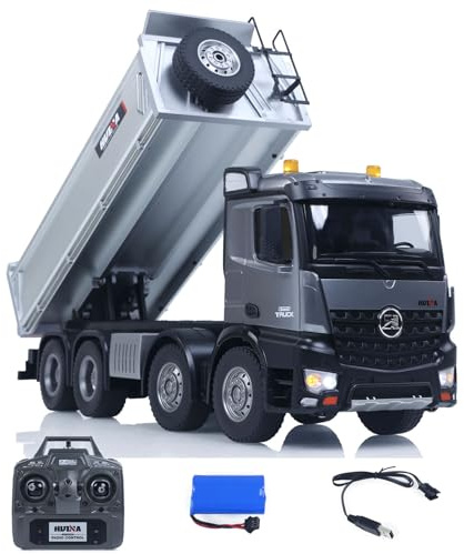wheelfun HUINA – Camion benne télécommandée 1/14 12 canaux radiocommandé, modèle RTR, effets sonores, radio USB, câble de charge pour les loisirs à partir de 14 ans