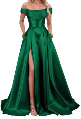 Robe de demoiselle d'honneur en satin pour femme avec fente et poches - Robe de cocktail unie, vert émeraude, 44
