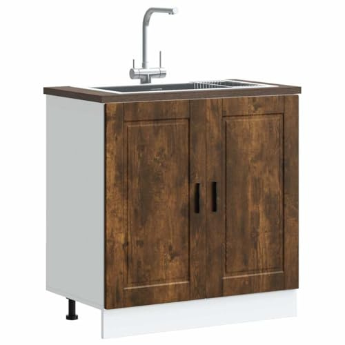 SooIarix Porto - Armario para fregadero (80 x 46 x 81,5 cm, madera de roble ahumado, con patas ajustables, mucho espacio para utensilios de cocina)