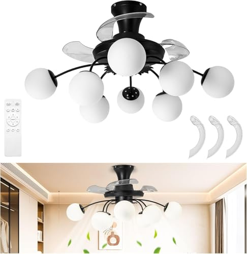 8-Light Mid Century Ceiling Fan with Lights, Black and White Fandelier, Glass Bubble Chandelier, 3 Retractable Bladeless Blades, Remote Control, Low Profile, 6 Speeds, for Bedroom Living Room
