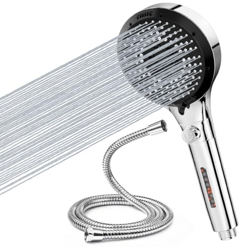 Vinabo Soffione Doccia con Tubo 1,5 m, Doccino 6 Getti Anticalcare | Alta Pressione con Filtro, Pulsante Stop e Flessibile G1/2 in Acciaio Inox, per Bassa Pressione, Bambini, Animali e Bagno