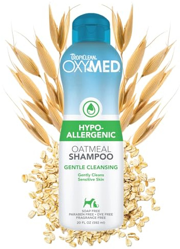 TropiClean OxyMed Hypoallergenic Dog Shampoo for Allergies and Itching, Skin Soothing Shampoo for Pets with Sensitive Skin, Tearless, Cat Safe, 20oz.