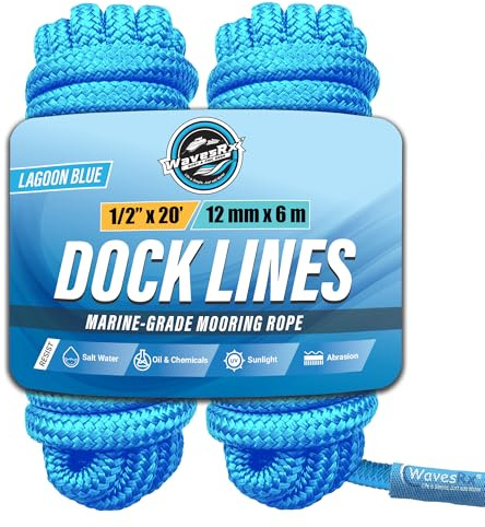 WavesRx Lot de 2 Lignes de Quai Haute Performance de 1,6 cm x 7,6 m pour Grands Bateaux jusqu'à 13,7 m | Corde d'amarrage et d'amarrage de qualité supérieure (Lagoon Blue, 1/2'' x 20')