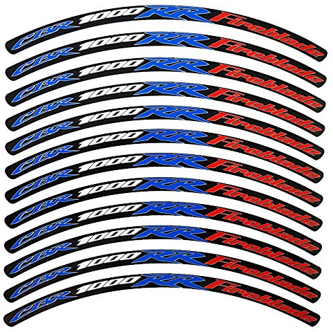 ! -12 Pegatinas Adhesivas Reflectantes para Llantas de Moto, Estilo 1, Diseño de «CBR 1000RR FIREBLADE» Color Rojo, Blanco y Azul en Fondo Negro