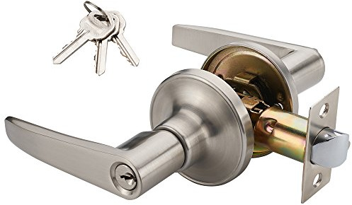 1 Pack of MANREN Lever Keyed Entry Door Lever Handle Lock, Universal Door Knob Hardware,Nickel Brushed Color (MR802ET)