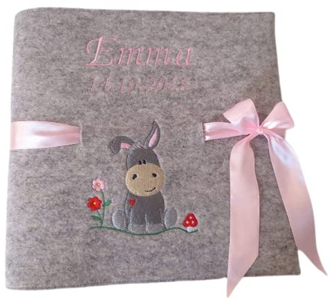 Fotoalbum Kind/Baby Album Name Esel Junge Mädchen Geburt Wollfilz 26 cm x 25 cm