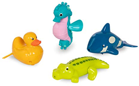 Battat - Wind-Up Tubbies - Seepferdchen, Krokodil, Ente, Walfisch - Paddling Badespielzeug - 4er-Pack Badewannentiere - Schwimmendes Spielzeug für die Badezeit - Wasser & Strand Spielzeug - 2 Jahre +
