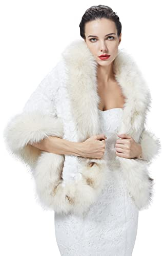BEAUTELICATE Scialle Stola in Pelliccia Sintetica Donna Mantella Bolero Coprispalle Sciarpa Ecopelliccia Sposa per Matrimonio Inverno Cerimonia Festa (Bianco Con Pelliccia Beige,Taglia Unica)
