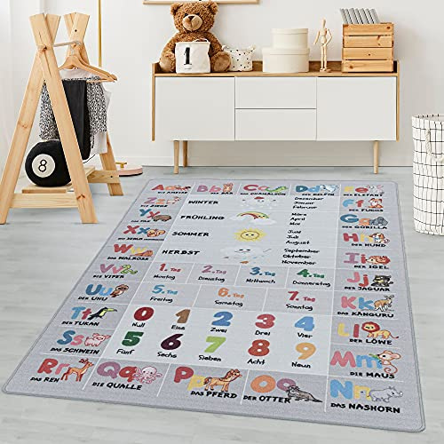 Carpetsale24 Kinderteppich Grau 160x230 cm Alphabet-Buchstaben Zahlen-Tier Design Modern rutschfest Waschbar Pflegeleicht Extra Weich Antiallergen Babyteppich Kinderzimmer Jungen Mädchen