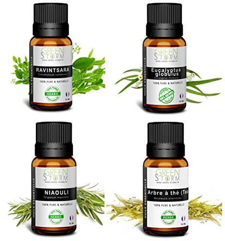 Lots 4 huiles essentielles Arbre à thé, Niaouli, Eucalyptus globulus, Ravintsara 10ML
