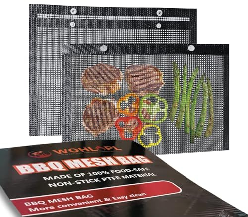 WOHLOPL Grilling Bags for Outdoor Grilling, Set of 2-100% Non-Stick BBQ Grill Mesh Bags, Reusable and Convenient to Clean, 15.7 x10.6 Inch x 2pcs