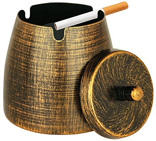 Small Retro Odorless Ashtray with Lid for Cigarettes Outdoor Rainproof,Metal Decorative Ashtray for Patio Outside Home Indoors Table Decor,Copper