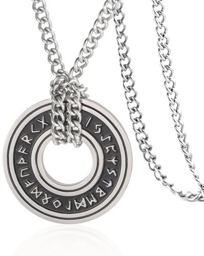VASSAGO Vintage nordiska vikingarunor halsband, Corsair Runic äldre Futhark ring cirkel talisman hänge läderkedja, viking gåva smycken för män kvinnor, 11.02*11.02, rostfritt stål, Ingen ädelsten