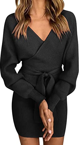 heekpek Robe Pull Femme Sexy Chic Hiver Chaud en Tricot Mode Pullover Manches Longues Pull Robe Femme Hiver, Noir, L