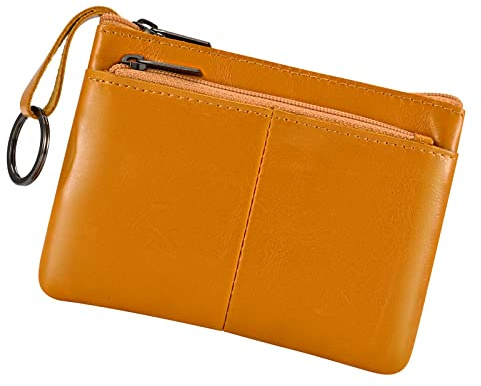 Porte-monnaie en cuir véritable, triple fermeture éclair, porte-carte avec porte-clés, marron clair